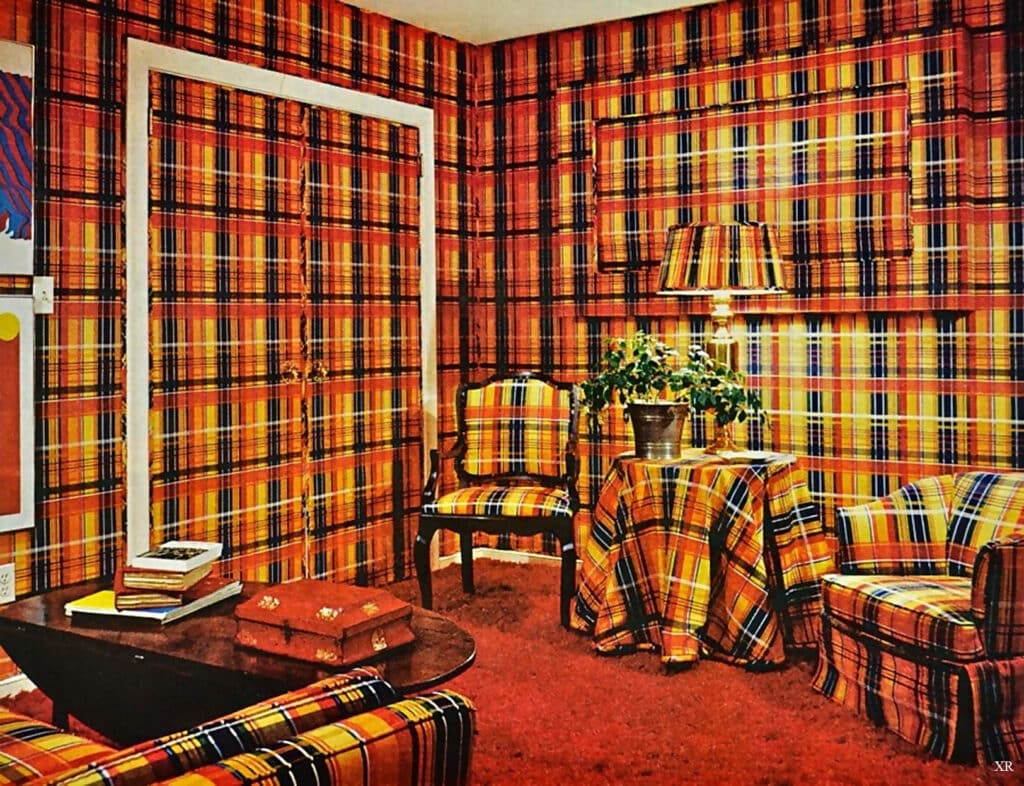 Matching plaid wallpaper and furniture