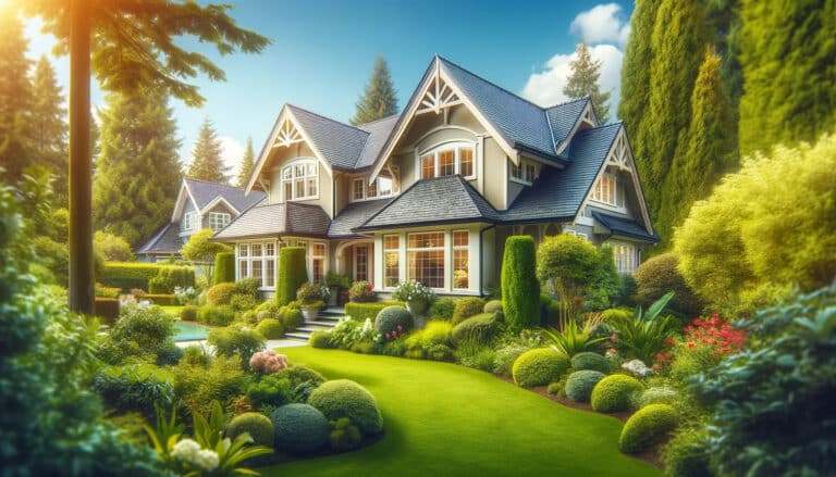 An illustration of a picturesque suburban house with a beautifully designed roof featuring various styles of dormer windows, surrounded by a lush green garden