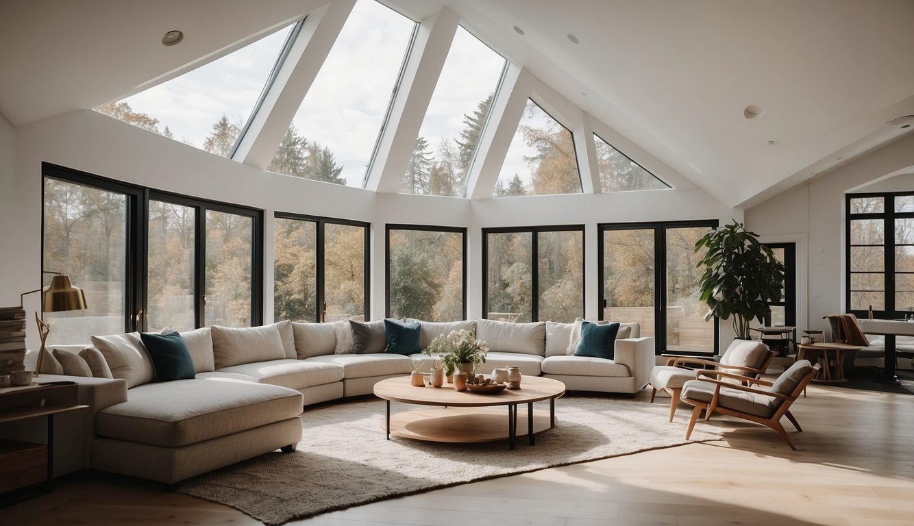 A modern home with dormer windows, allowing natural light to flood the room. Clean lines and minimalistic design create a bright and airy space